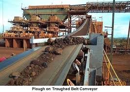 A troughed belt conveyor carrying crushed ore away from a crusher plant, with a plough fitted over the belt. The photograph is captioned Plough on Troughed Belt Conveyor. A troughed belt conveyor carrying crushed ore away from a crusher plant, with a plough fitted over the belt. The photograph is captioned Plough on Troughed Belt Conveyor.