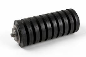 An impact roller, its steel tube covered along its length by concentric rubber rings. An impact roller, its steel tube covered along its length by concentric rubber rings.