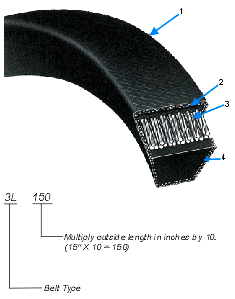 A cutaway of a fractional horsepower V belt, beside a note that a size such as 3L 150 means an outside length of fifteen inches multiplied by ten. A cutaway of a fractional horsepower V belt, beside a note that a size such as 3L 150 means an outside length of fifteen inches multiplied by ten.