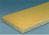 A cut sheet of rubber transmission belting, its yellow cotton duck plies showing at the edge. A cut sheet of rubber transmission belting, its yellow cotton duck plies showing at the edge.