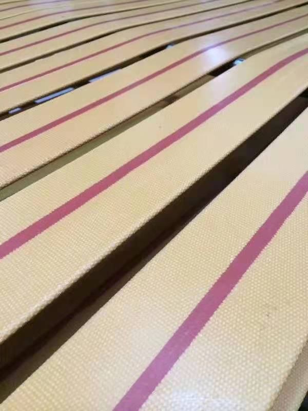 Lengths of round edge flat transmission belting laid side by side. Lengths of round edge flat transmission belting laid side by side.