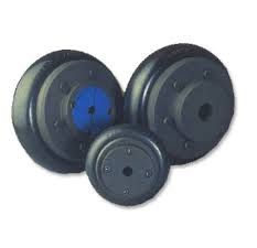 A flexible tyre coupling shown in parts: two hubs and the rubber tyre element that joins them. A flexible tyre coupling shown in parts: two hubs and the rubber tyre element that joins them.