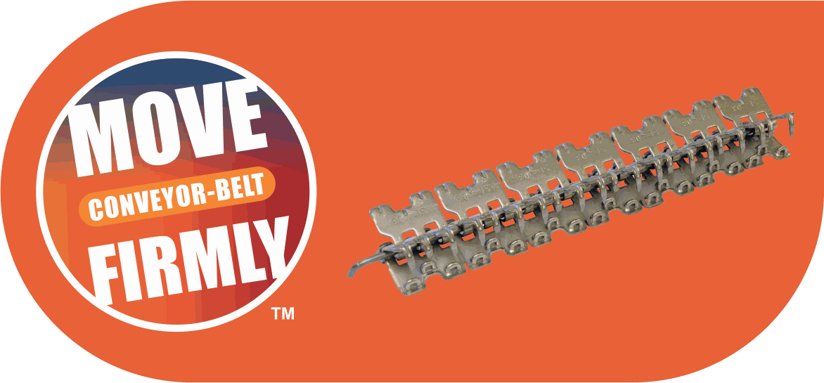 An orange HIC banner reading MOVE CONVEYOR-BELT FIRMLY, beside a row of metal belt fastener plates joined by their hinge pin.