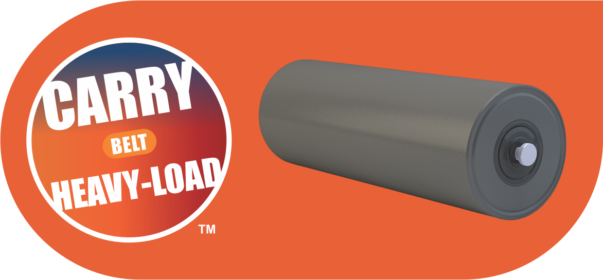 An orange HIC banner reading CARRY BELT HEAVY-LOAD, beside a single grey conveyor idler roller.