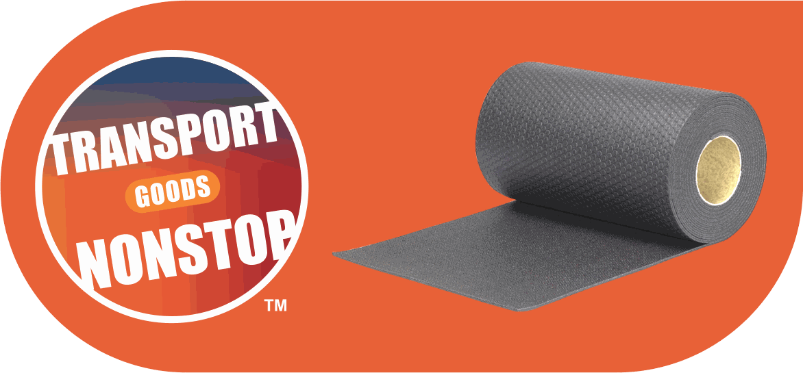 An orange HIC banner reading TRANSPORT GOODS NONSTOP, beside a roll of grey conveyor belting lying part unrolled.