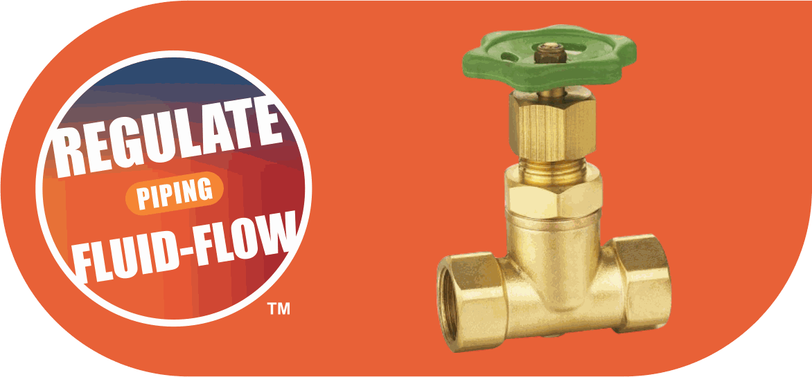 An orange HIC banner reading REGULATE PIPING FLUID-FLOW, beside a brass shutoff valve with a green handwheel.