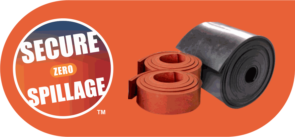 An orange HIC banner reading SECURE ZERO SPILLAGE, beside two coiled red skirting strips and a roll of black rubber.