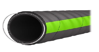 A mine water suction and delivery hose, a green stripe along its ribbed cover and a soft cuff at the end. A mine water suction and delivery hose, a green stripe along its ribbed cover and a soft cuff at the end.