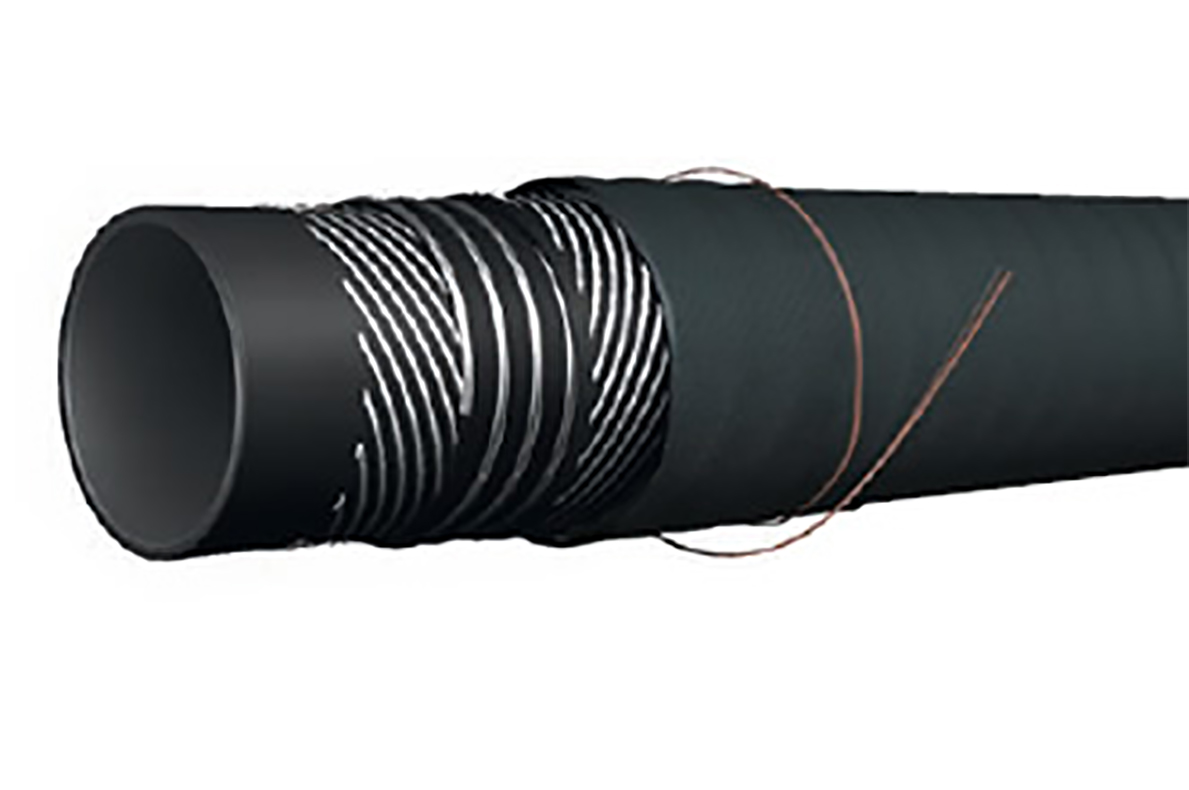 A chemical suction hose with its helical wire wound under the cover and a trace wire along the outside. A chemical suction hose with its helical wire wound under the cover and a trace wire along the outside.