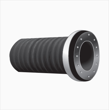 A phosphoric acid suction hose ending in a drilled steel flange. A phosphoric acid suction hose ending in a drilled steel flange.