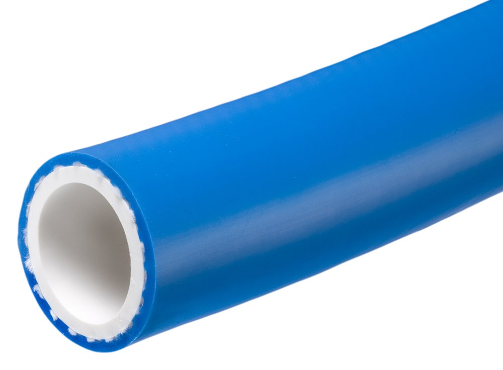 A blue covered potable water hose with a white food grade lining showing at the cut end. A blue covered potable water hose with a white food grade lining showing at the cut end.