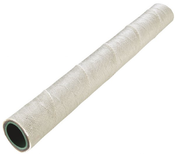 A non conductive hose in a woven fibreglass cover, pale against the dark rubber lining at its cut end. A non conductive hose in a woven fibreglass cover, pale against the dark rubber lining at its cut end.