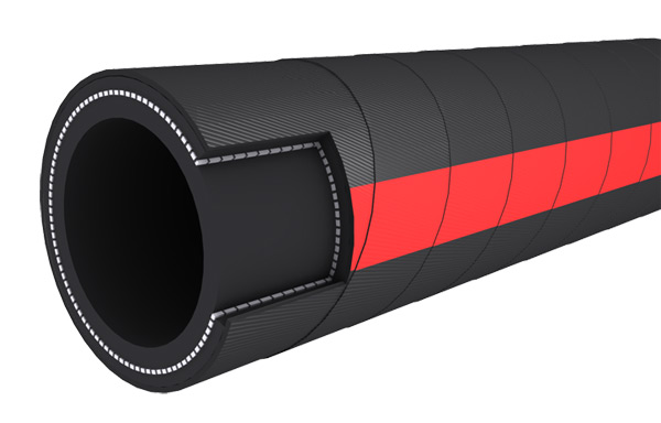 A low temperature steam hose with a red stripe along its ribbed black cover. A low temperature steam hose with a red stripe along its ribbed black cover.