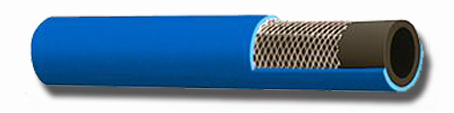 A blue oxygen welding hose cut back in steps to show its braid and inner tube. A blue oxygen welding hose cut back in steps to show its braid and inner tube.