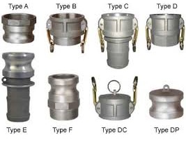 Eight camlock fittings photographed together and labelled Type A, B, C, D, E and F with the dust cap and dust plug. Eight camlock fittings photographed together and labelled Type A, B, C, D, E and F with the dust cap and dust plug.