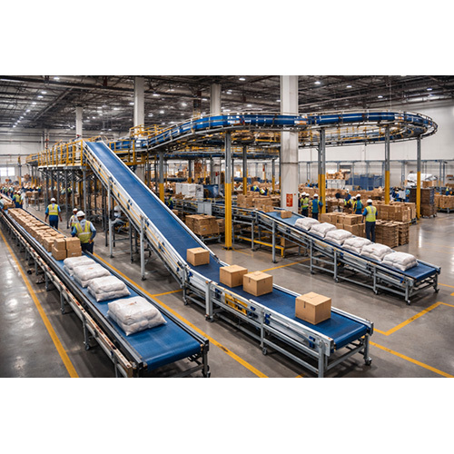 An automated factory, boxes travelling on inclined belt conveyors between the racking and the packing lines.