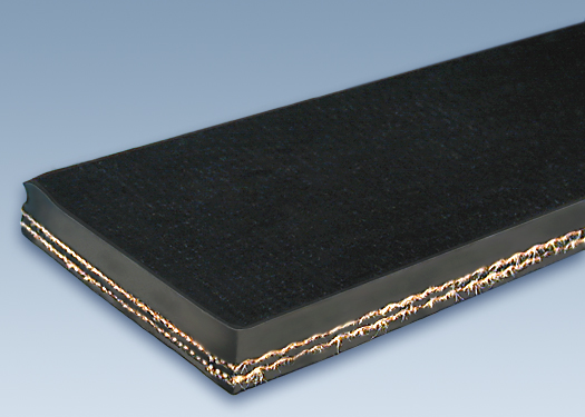 A cut length of textile ply conveyor belt, the yellow fabric plies showing in steps at the open end. A cut length of textile ply conveyor belt, the yellow fabric plies showing in steps at the open end.