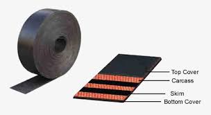 A roll of elevator belting beside a cutaway of the same belt, labelled top cover, carcass, skim and bottom cover. A roll of elevator belting beside a cutaway of the same belt, labelled top cover, carcass, skim and bottom cover.