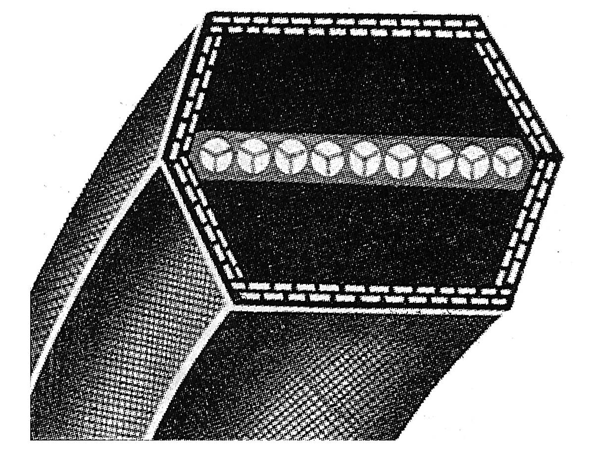 A double sided V belt in cutaway, wedge shaped on both faces with the cords between them.