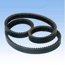 Two cogged fire resistant antistatic V belts, one lying inside the other.