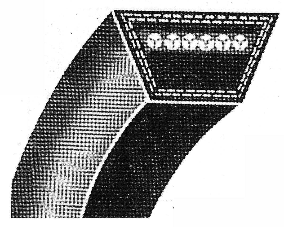 A fractional horsepower farm utility belt in cutaway, the cords shown across the top of the section.
