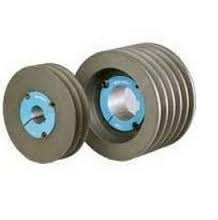 Two multi groove V pulleys, each with a blue taper bush fitted in its bore.