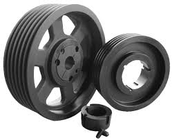 Two cast V belt pulleys, one spoked and one solid, with a taper bush standing between them.