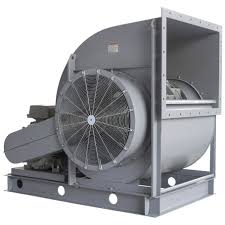 A centrifugal fan on its base frame, driven by belts from the motor beside it.