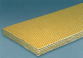 A cut sheet of cotton hard duck transmission belting, the yellow duck plies stepped at the edge.