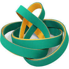 Green and yellow nylon transmission belts looped loosely together.
