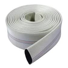 A roll of white layflat hose with its end opened out. A roll of white layflat hose with its end opened out.