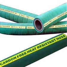 Two green furnace hoses crossing, their covers printed Carbon Free Heat Resistant Hose. Two green furnace hoses crossing, their covers printed Carbon Free Heat Resistant Hose.