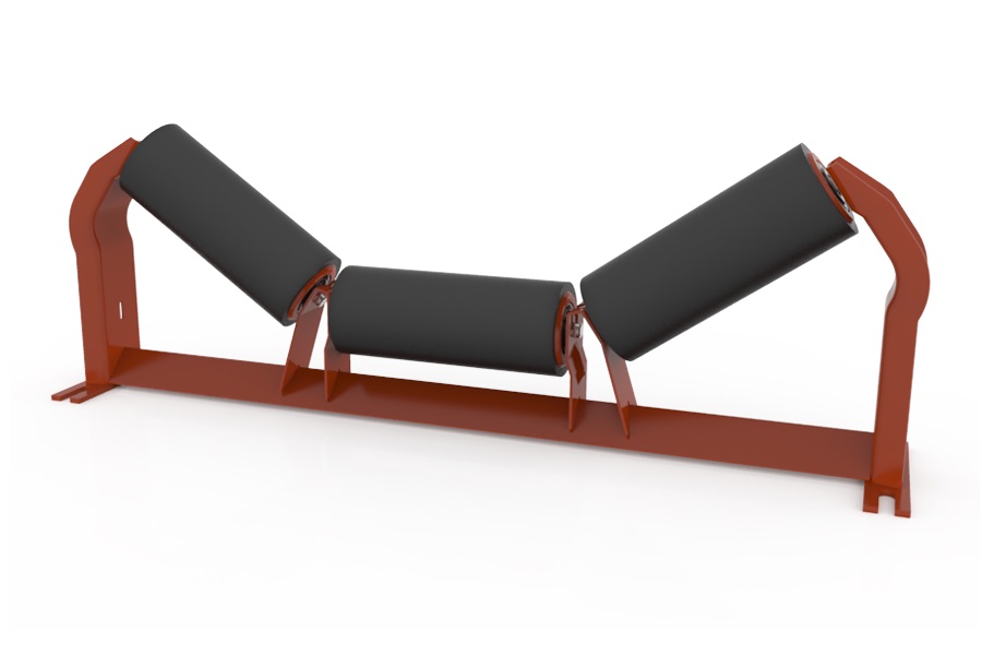 A three roll carrying idler set, its rollers angled into a trough on a red frame. A three roll carrying idler set, its rollers angled into a trough on a red frame.