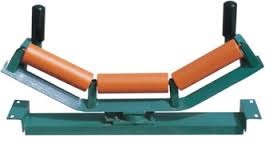 A self aligning idler set on a pivoting green frame, with a guide roller standing at each end. A self aligning idler set on a pivoting green frame, with a guide roller standing at each end.