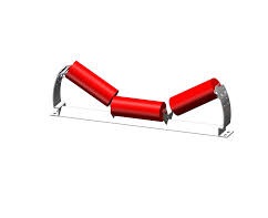 A transition idler drawn with its three red rollers set at a shallower angle than a full trough. A transition idler drawn with its three red rollers set at a shallower angle than a full trough.