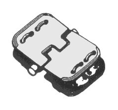 A drawing of a staple fastener joint, the two plates interlocking around the hinge pin.