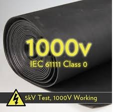 A part unrolled roll of insulating matting, marked 1000V, IEC 61111 Class 0 and 5kV test, 1000V working, beside a high voltage warning symbol. A part unrolled roll of insulating matting, marked 1000V, IEC 61111 Class 0 and 5kV test, 1000V working, beside a high voltage warning symbol.