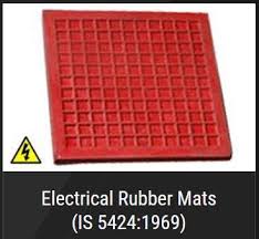A red electrical rubber mat with a square grid pattern, labelled Electrical Rubber Mats, IS 5424:1969, beside a high voltage warning symbol. A red electrical rubber mat with a square grid pattern, labelled Electrical Rubber Mats, IS 5424:1969, beside a high voltage warning symbol.