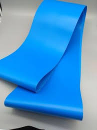 A length of thin blue polyurethane belting folded over on itself.