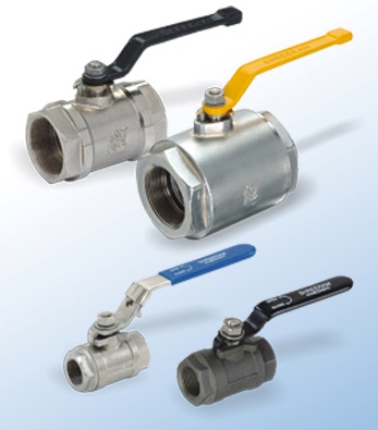 Four ball valves of different sizes, each with its lever handle.