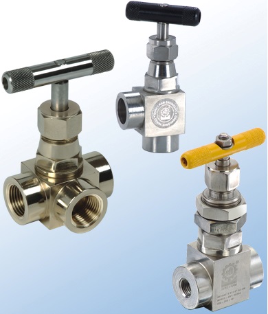 Needle valves in brass and stainless steel, with T bar and lever handles.