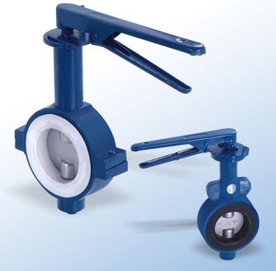 Two butterfly valves, one with a white liner and one with a dark disc, both with lever handles.