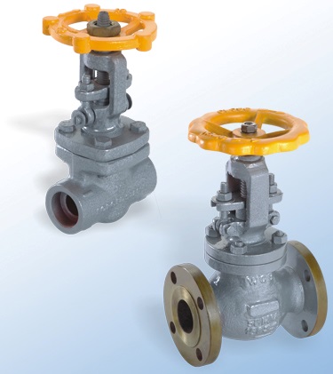Two gate valves with yellow handwheels, one threaded and one flanged.