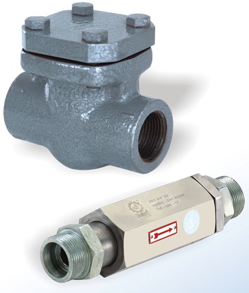 A cast non return valve with a bolted cover, and a smaller inline check valve below it.